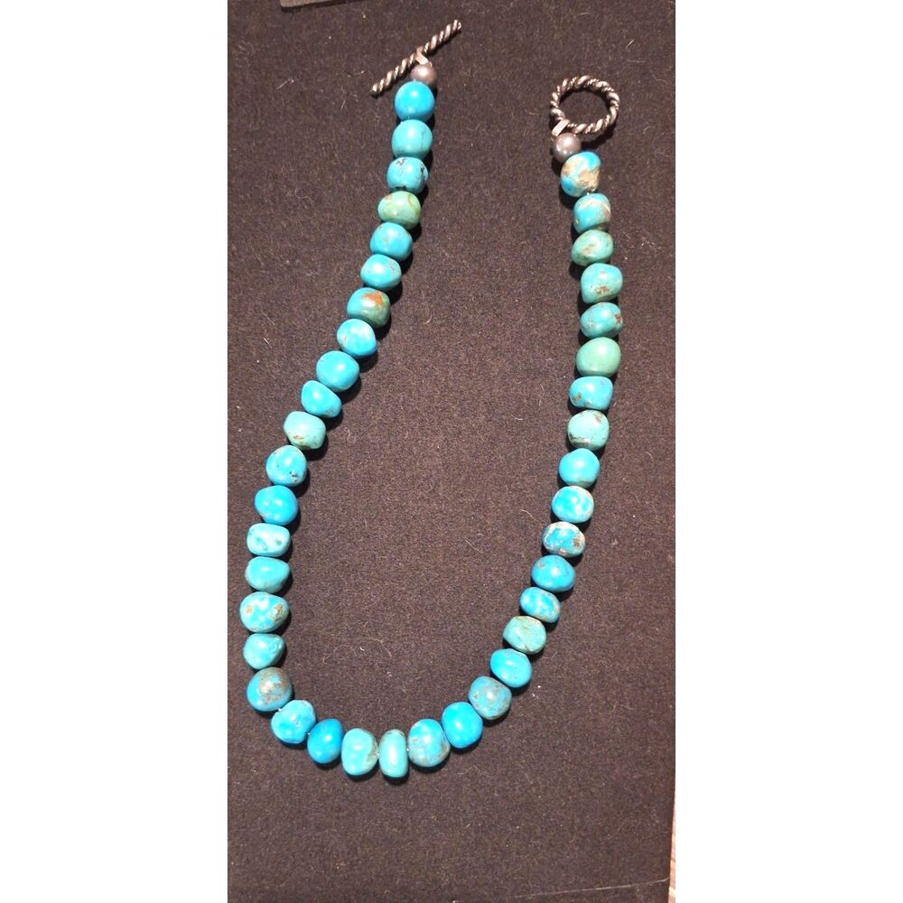 Blue Turquoise Stone Navajo Pearls Sterling Silver Necklace Toggle Clasp